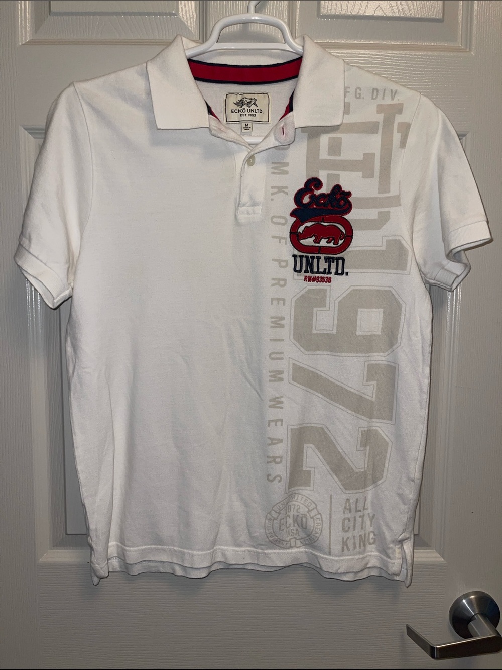 Ecko Unlimited White Polo with Red and Gray Logo Accents